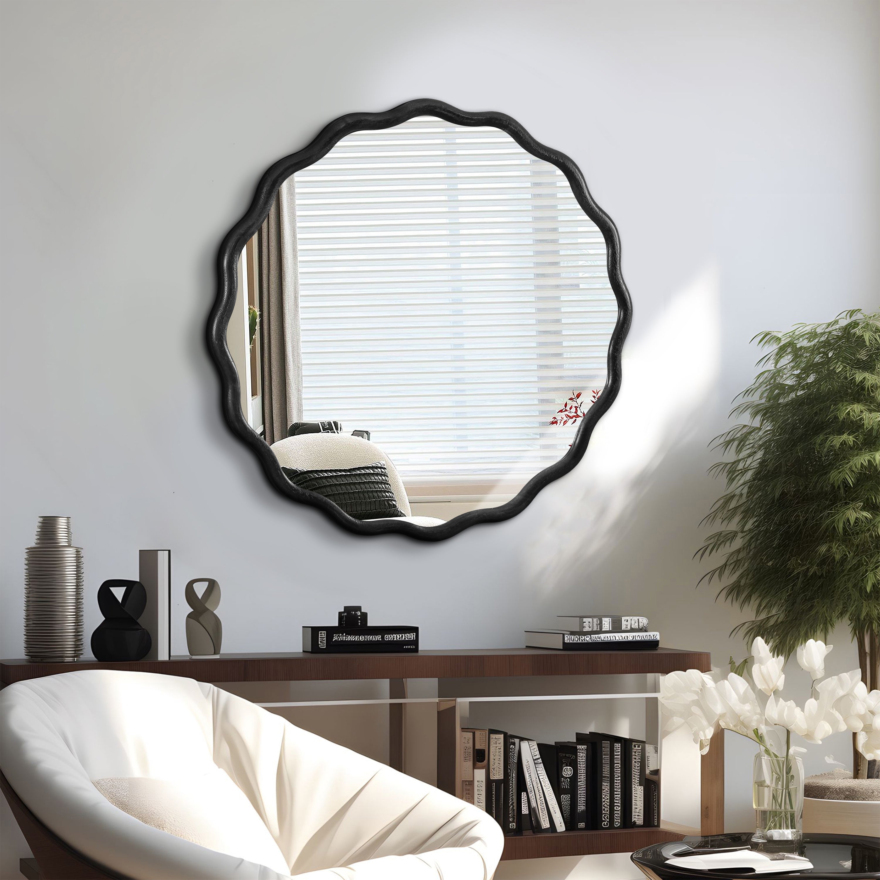 Wavy Round Black Wall Mirror, Solid Wood, 31.1'' Diameter
