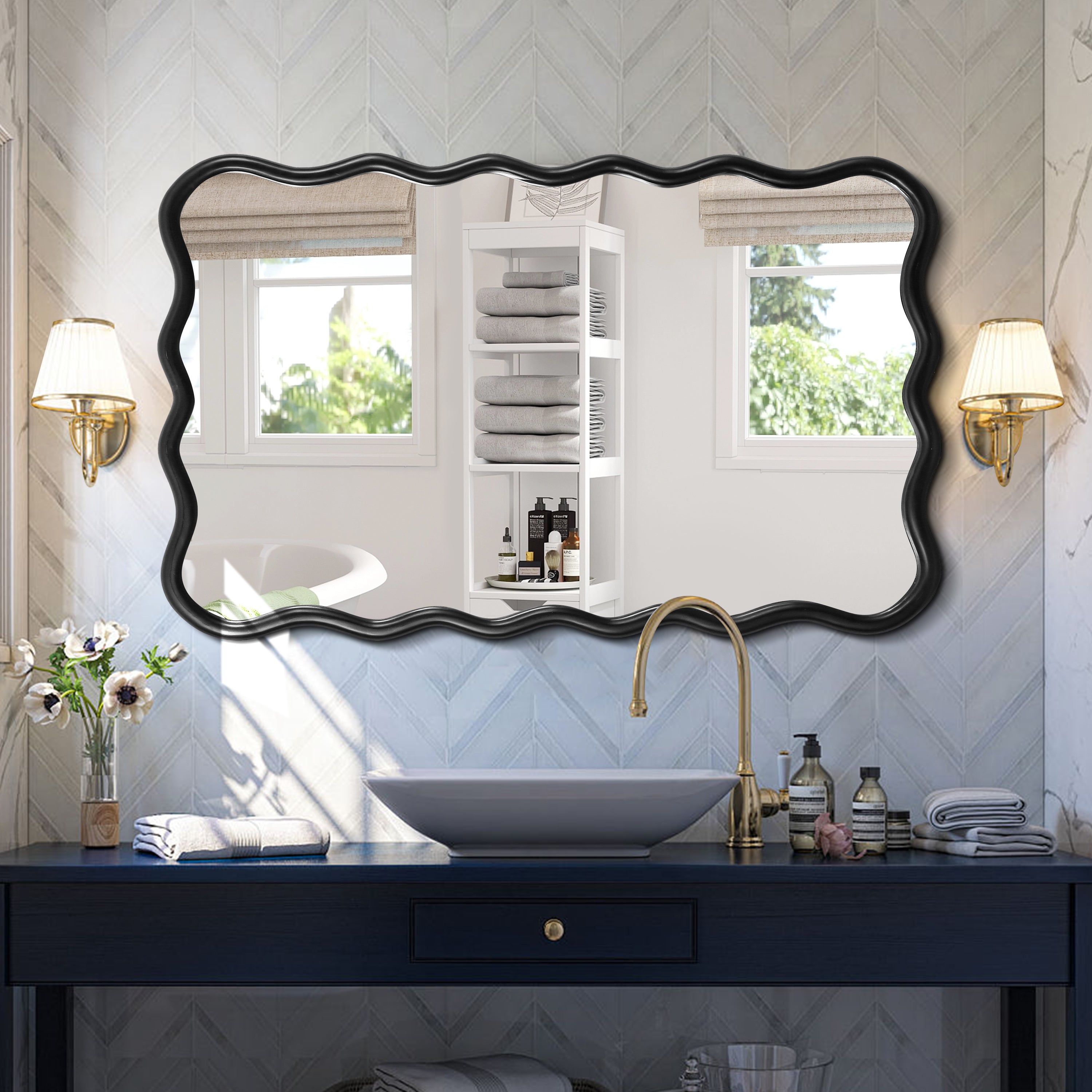 Wavy Rectangular Black Wall Mirror, Solid Wood, 28'' x 39.8''