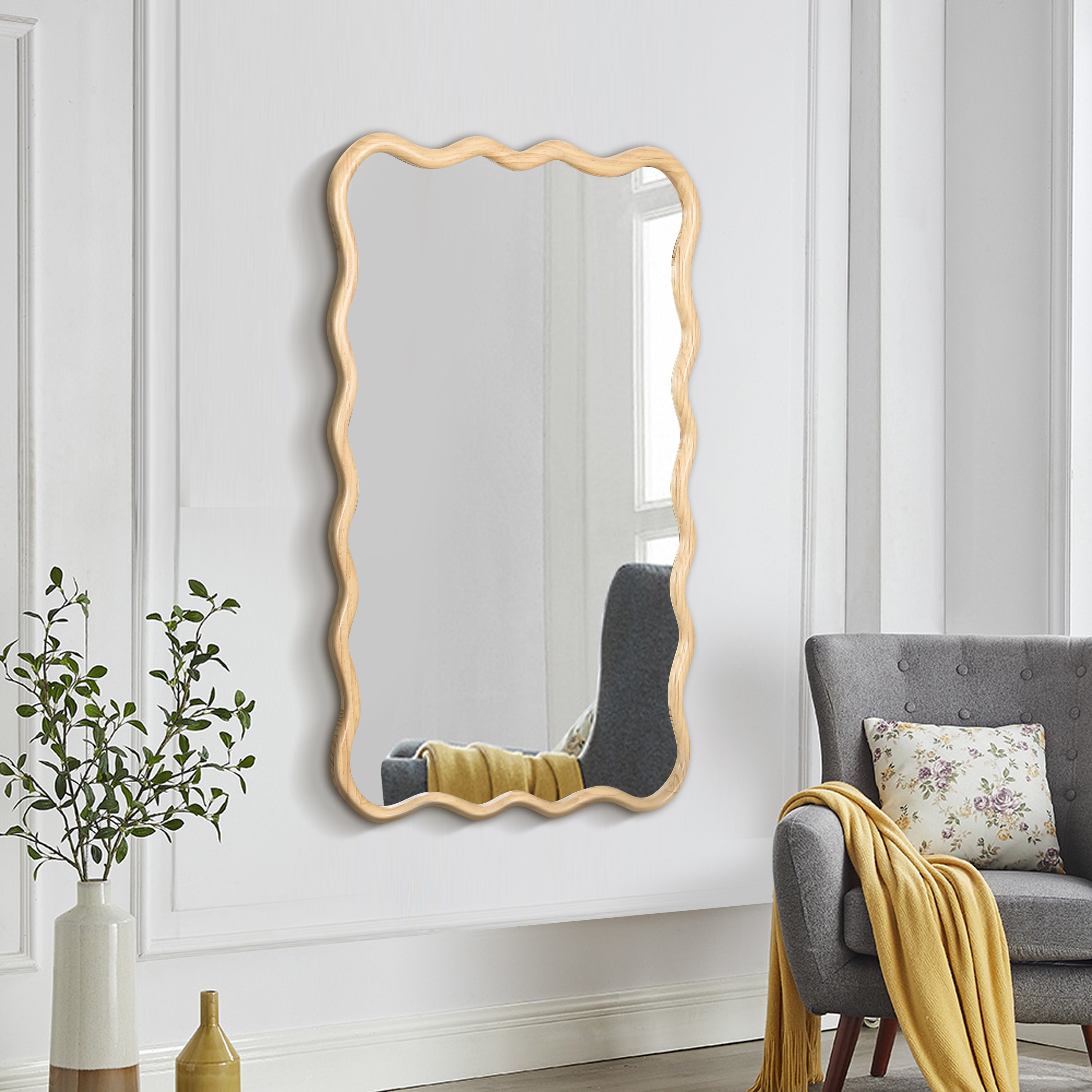 Wavy Rectangular Natural Wood Beige Wall Mirror, Solid Wood, 28'' x 39.8''