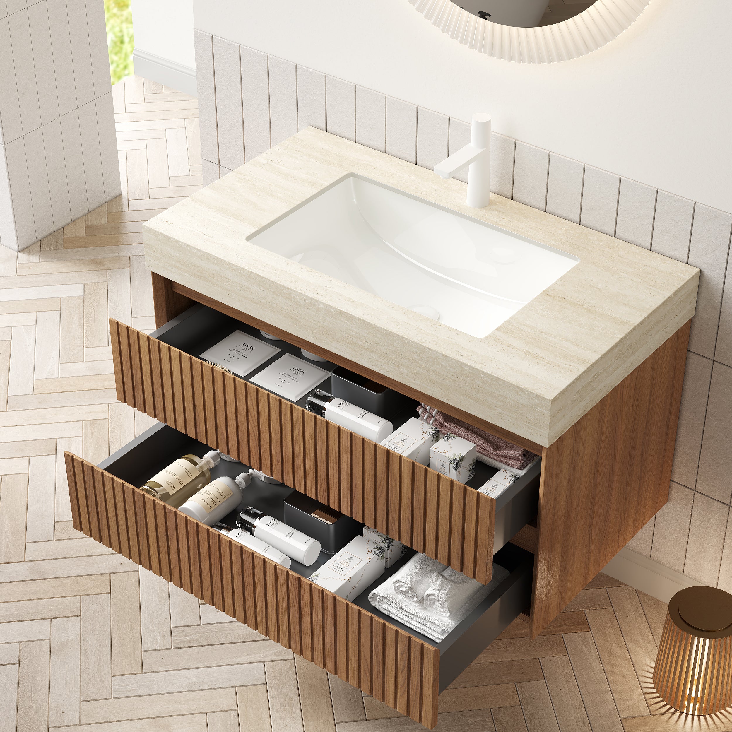 TILLEY 36" Bathroom Vanity&Sink, Floating Striped Plywood Storage Cabinet with 2 Drawers, Travertine-Pattern Sintered Stone Top with Ceramic Undermount Basin, Pre-assembled, Brown Oak Woodgrain Color