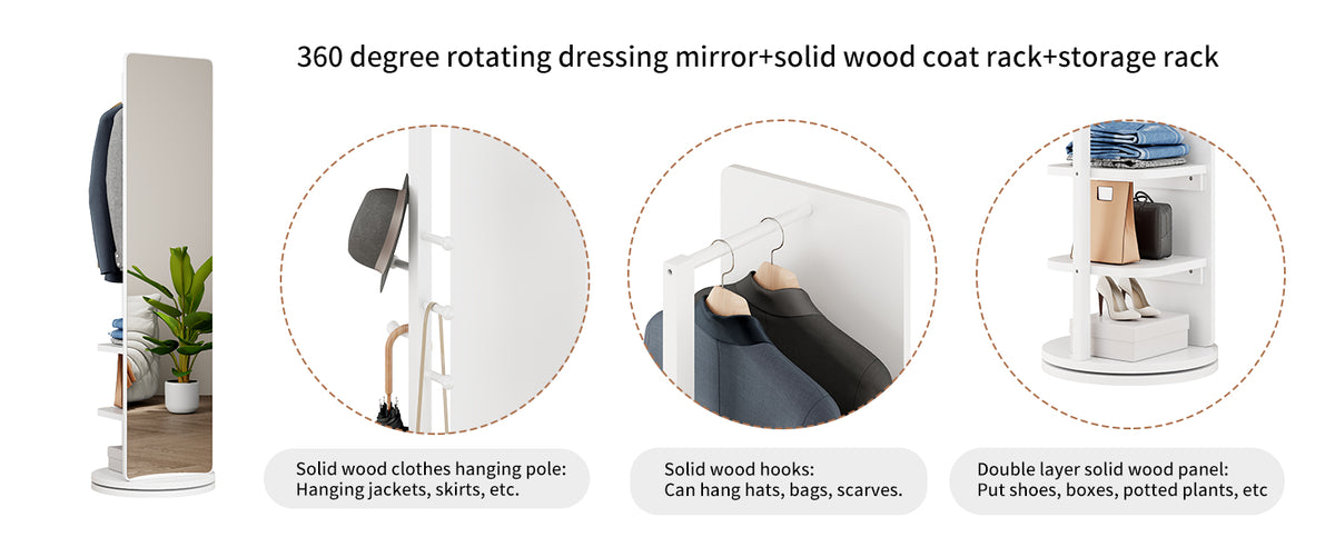 White 360° Rotating Full-Length Mirror, 69" x 20" Solid Wood Floor Mirror with Hooks and Storage Rack for Bedroom, Living Room & Entryway
