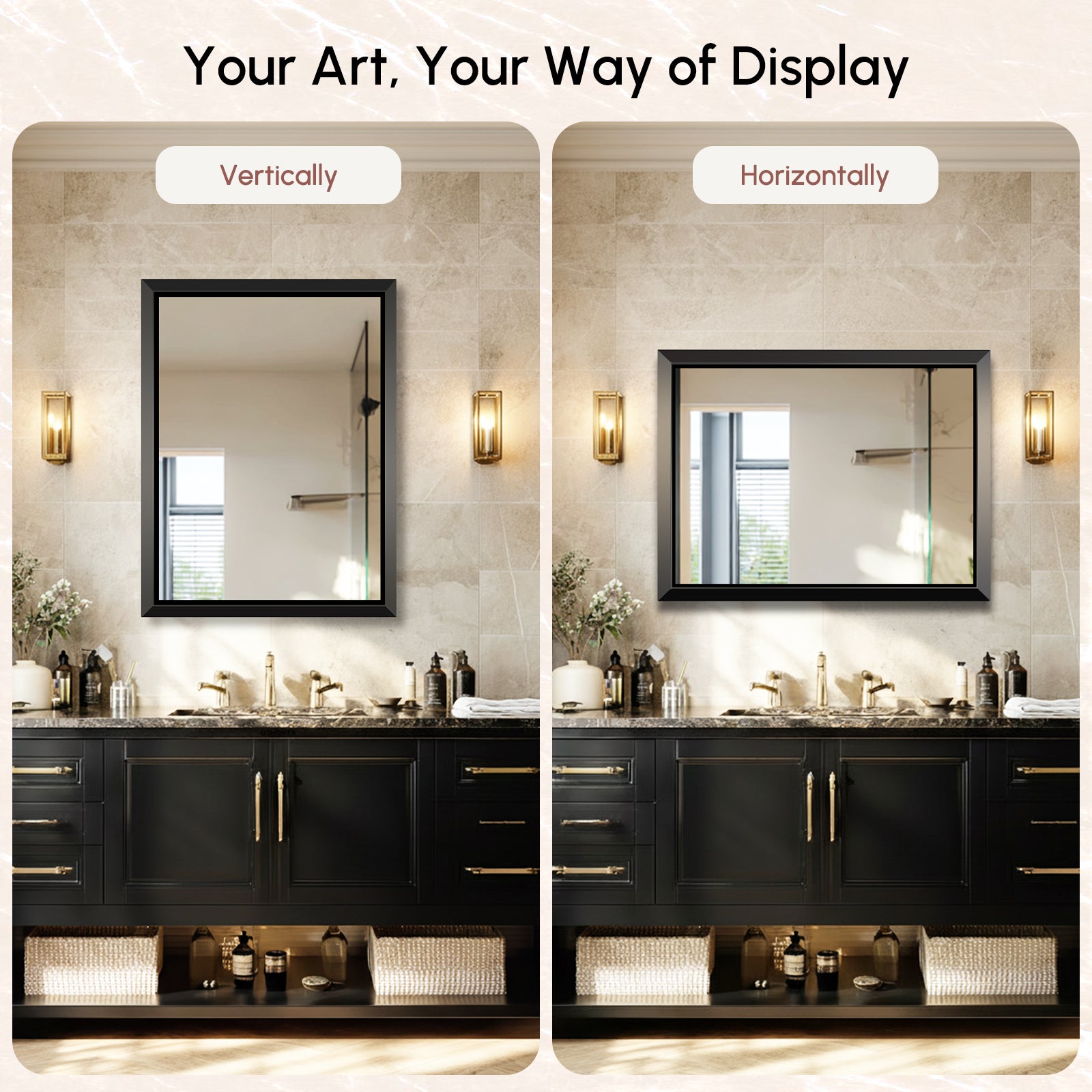 USHOWER Floating Mirror, 24''x36'' Black Beveled Mirror for Wall