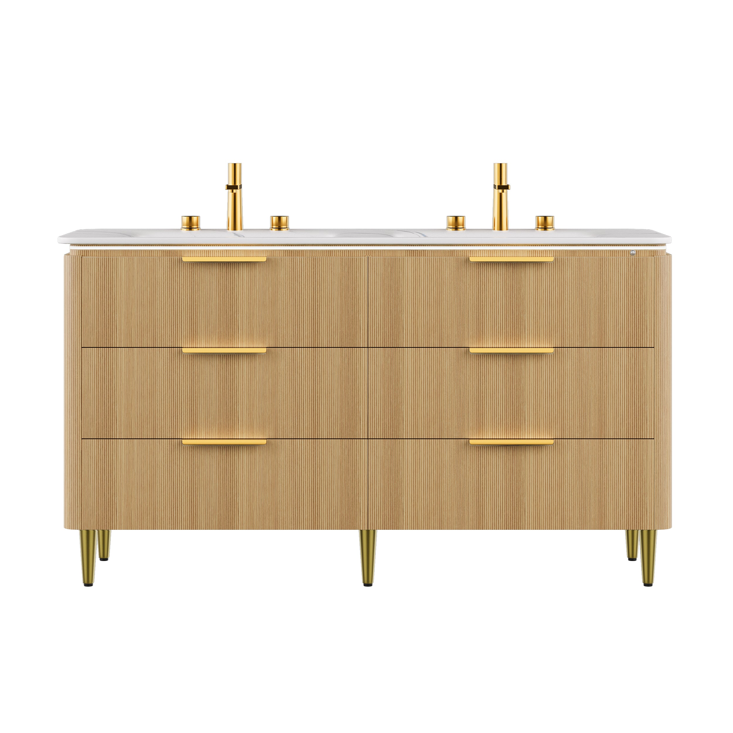 AMARA 60'' Bathroom Vanity&Sinks, Freestanding Curved Edges Ultra-Slim Grille Plywood Storage Cabinet, 6 Drawers, 2 Carrara White Sintered Stone Basins, Pre-assembled, Light Oak Woodgrain Color