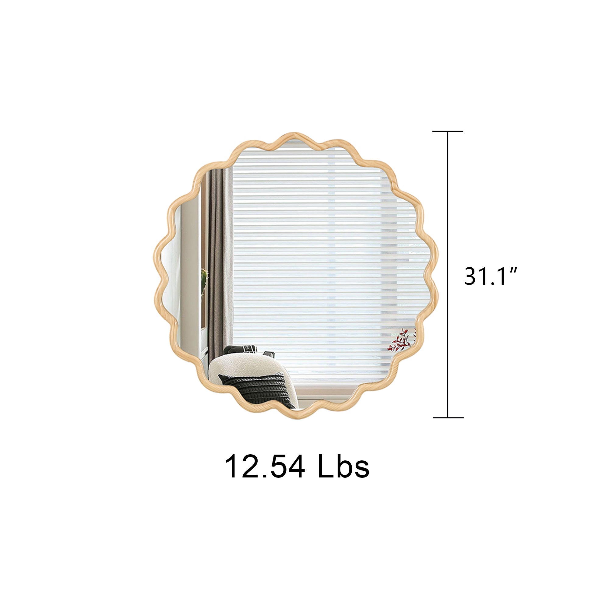 Wavy Round Natural Wood Beige Wall Mirror, Solid Wood, 31.1'' Diameter
