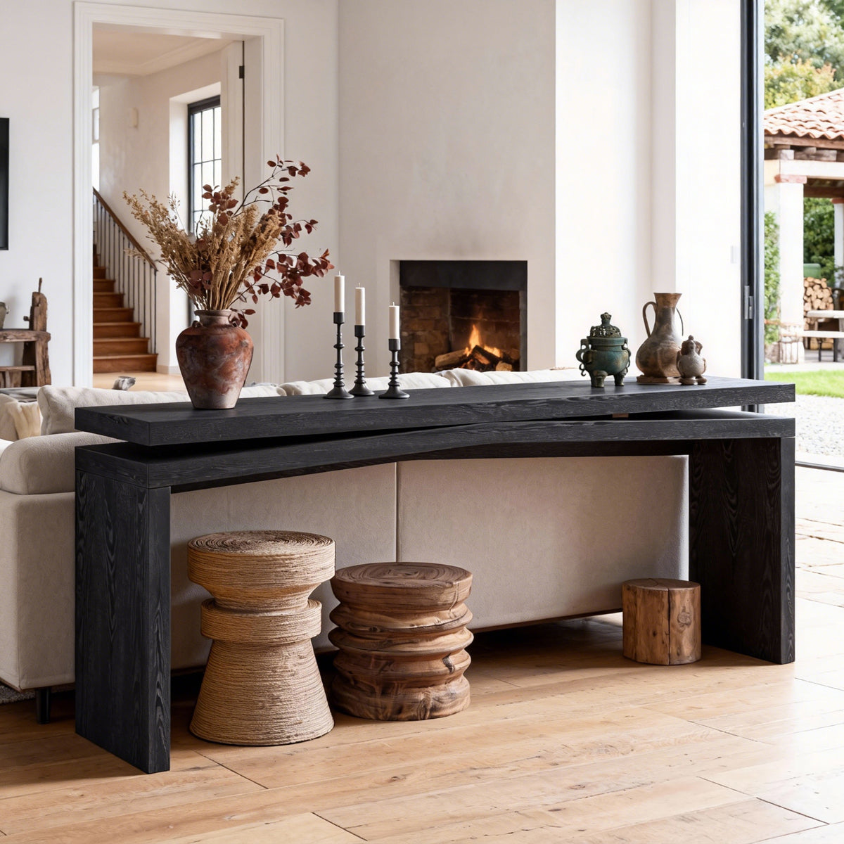 65-Inch Rustic Solid Wood Veneer Console Table, Farmhouse Sofa Table for Entryway, Living Room, Hallway & Behind Couch, Black