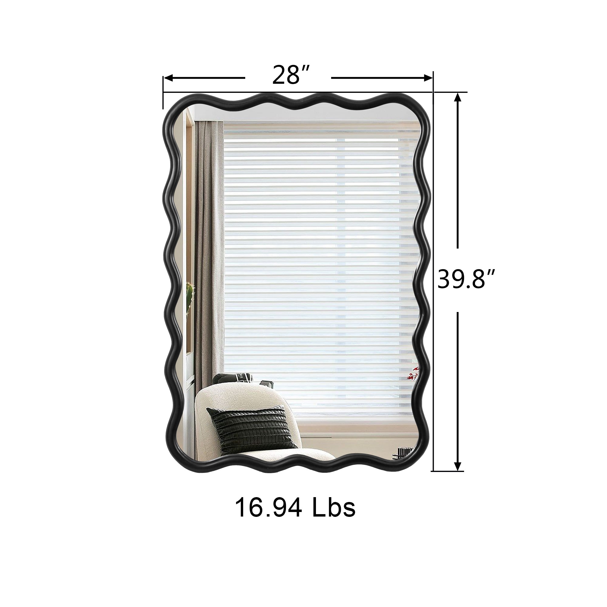 Wavy Rectangular Black Wall Mirror, Solid Wood, 28'' x 39.8''