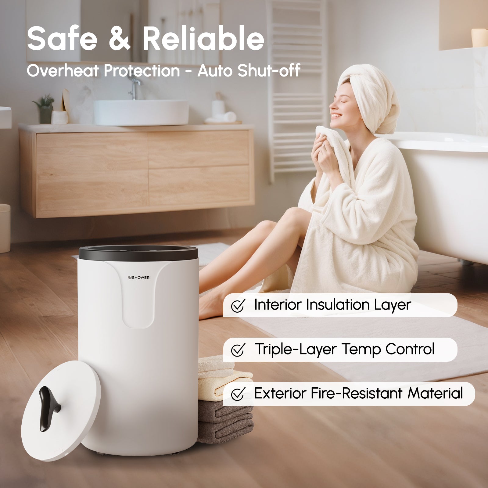 Safe and reliable towel warmer with triple layer insulation and auto shut off protection