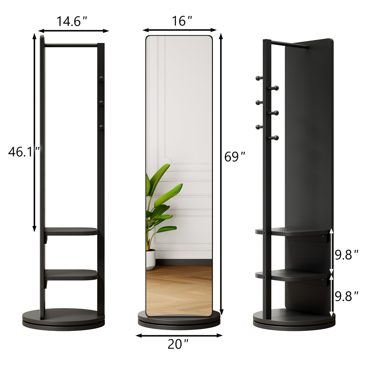 Black 360° Rotating Full-Length Mirror, 69" x 20" Solid Wood Floor Mirror with Hooks and Storage Rack for Bedroom, Living Room & Entryway