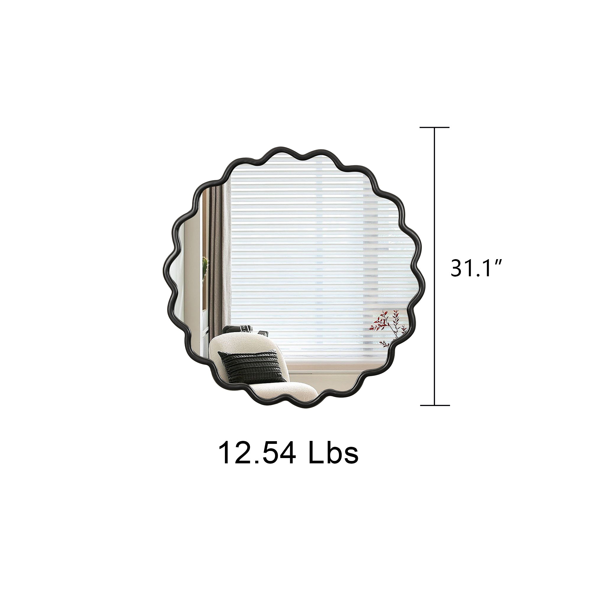 Wavy Round Black Wall Mirror, Solid Wood, 31.1'' Diameter