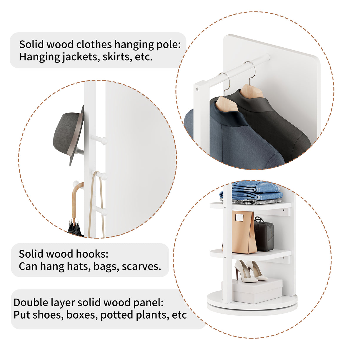 White 360° Rotating Full-Length Mirror, 69" x 20" Solid Wood Floor Mirror with Hooks and Storage Rack for Bedroom, Living Room & Entryway