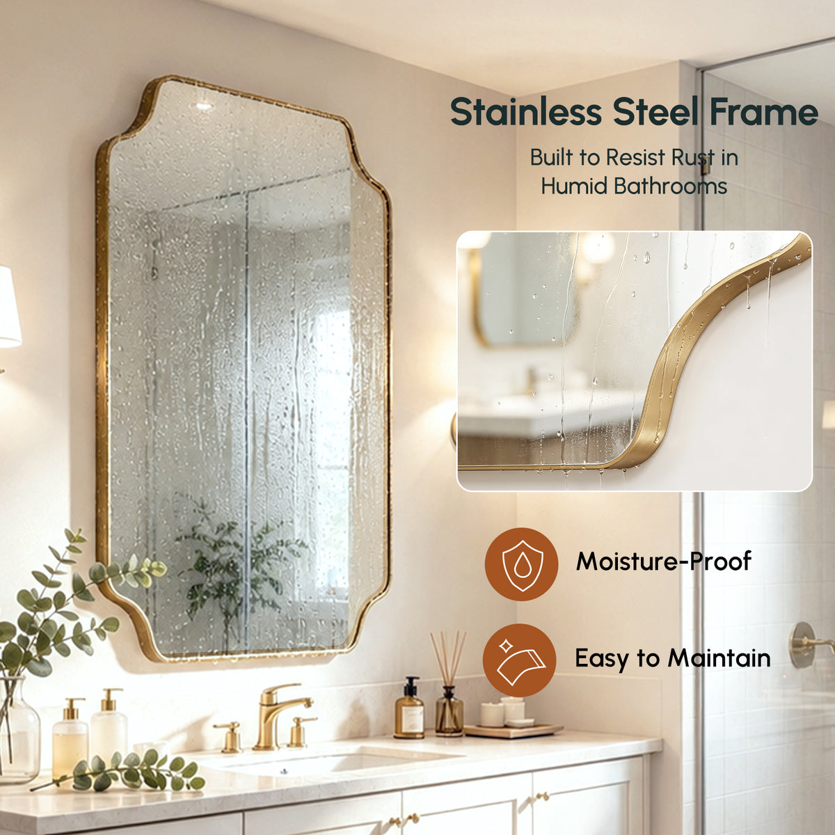 Stainless Steel Frame Gold Scalloped Bathroom Mirror – 24" x 32"