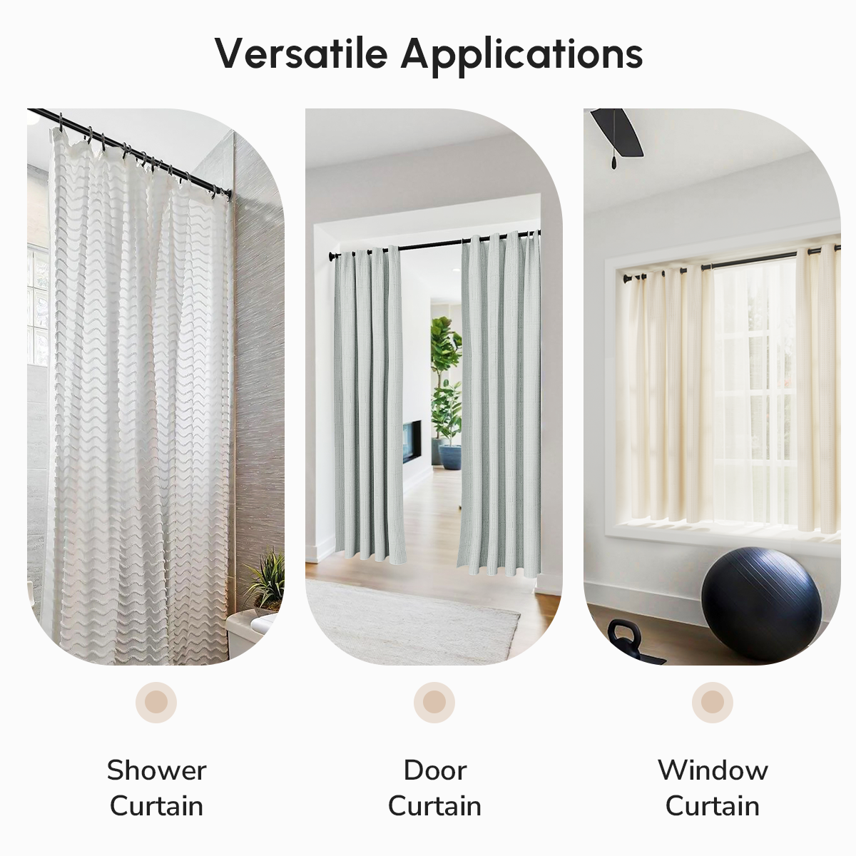 USHOWER Matuko Series – Matte Black Shower Rod Demonstrating Versatile Use for Shower, Door, and Window Curtains