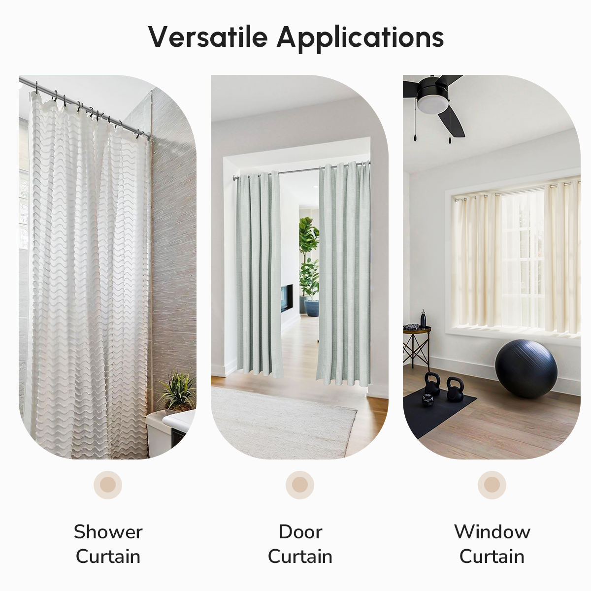 USHOWER Matuko Series – Brushed Nickel Shower Rod Demonstrating Versatile Use for Shower, Door, and Window Curtains