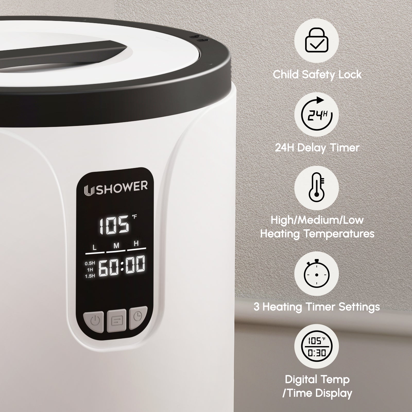 Digital towel warmer with adjustable timer child safety lock temperature settings and 24 hour delay timer in LCD display