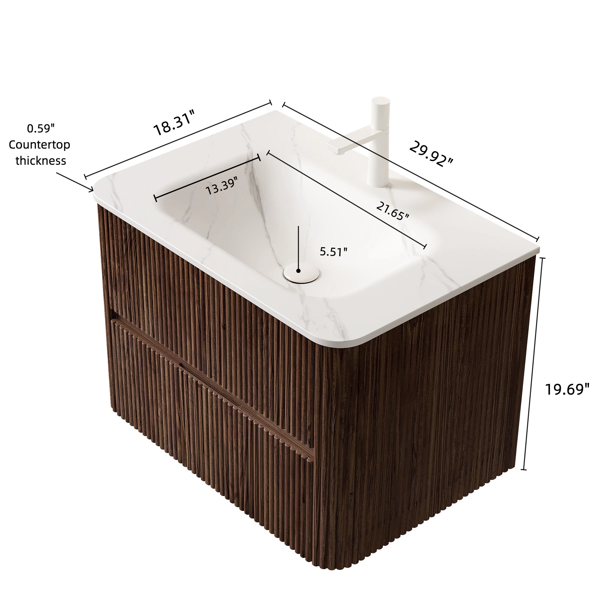 NOOR 30" Bathroom Vanity with Sink, Wall-Mounted Floating Plywood Bathroom Storage Cabinet with 2 Drawers, Carrara White Basin, NO Faucet, Pre-assembled, Retro Walnut Woodgrain Color