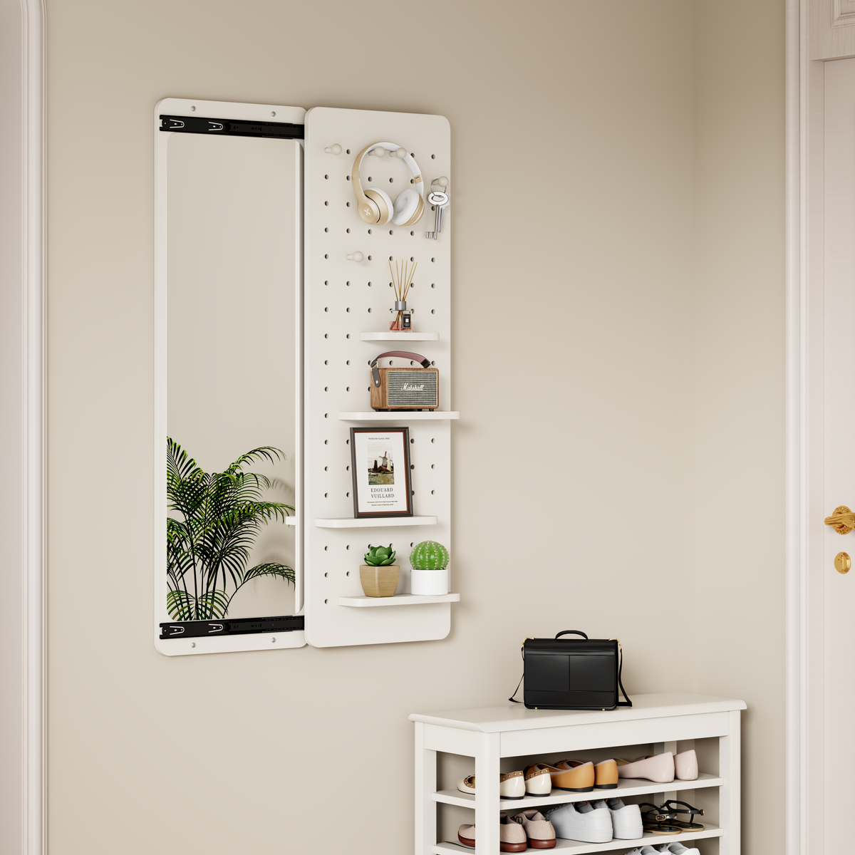 White Wall-Mounted Full-Length Mirror, 47.6 x 15.7 Inch Sliding Space-Saving Mirror with Multi-Functional Panel for Bedroom, Living Room & Entryway