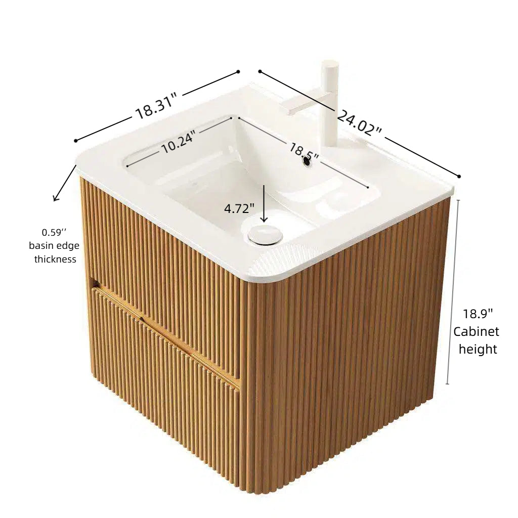 NOOR 24" Bathroom Vanity with Sink, Wall-Mounted Floating Plywood Striped Bathroom Storage Cabinet with 2 Drawers, White Rectangle Ceramic Basin, NO Faucet, Pre-assembled, Natural Woodgrain Color