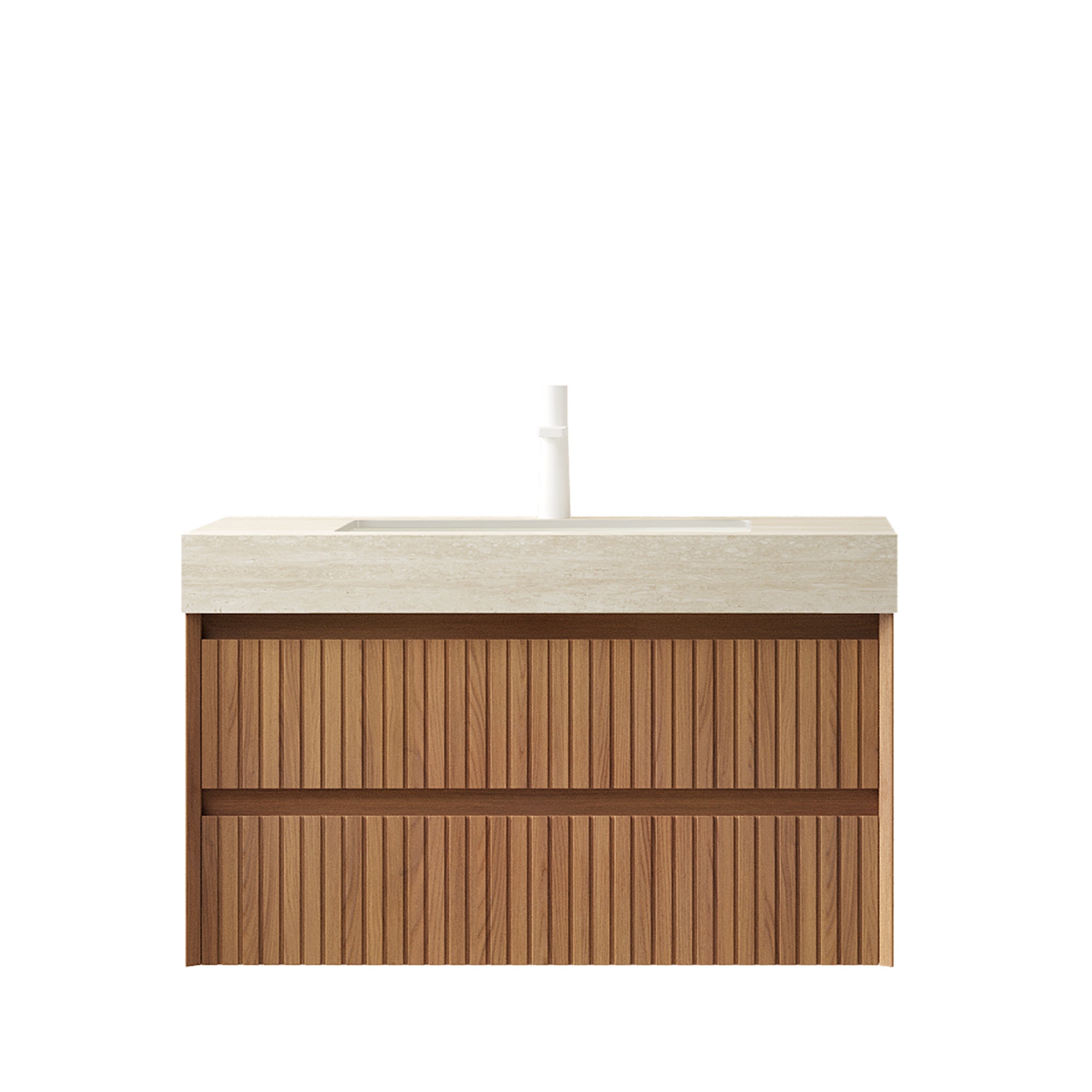 TILLEY 36" Bathroom Vanity&Sink, Floating Striped Plywood Storage Cabinet with 2 Drawers, Travertine-Pattern Sintered Stone Top with Ceramic Undermount Basin, Pre-assembled, Brown Oak Woodgrain Color