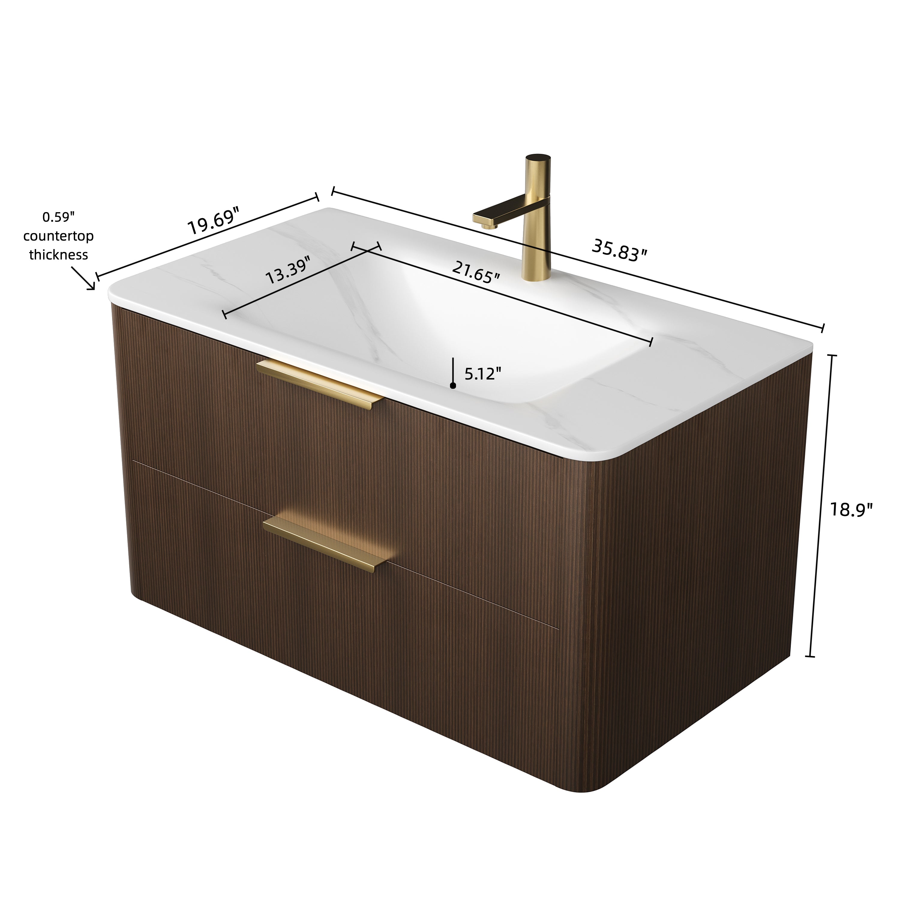 ZANE 36" Bathroom Vanity with Sink, Floating Ultra-Pinstriped Plywood Storage Cabinet with Drawers, Carrara White Sintered Stone Hot-bent Integrated Basin, Pre-assembled, Italy Walnut Woodgrain Color
