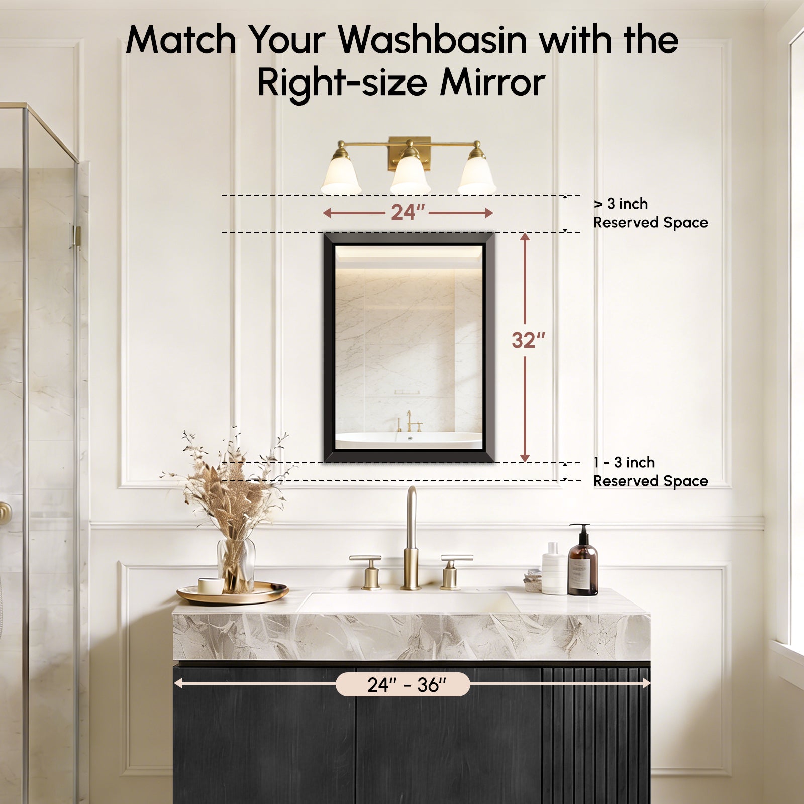 USHOWER Floating Mirror, 24''x32'' Black Beveled Mirror for Wall