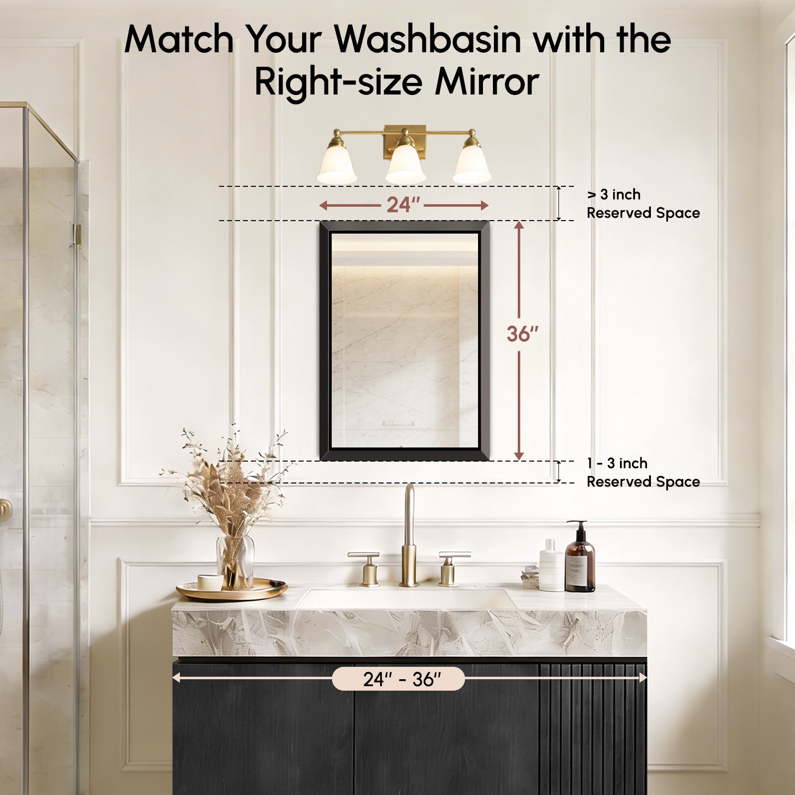 USHOWER Floating Mirror, 24''x36'' Black Beveled Mirror for Wall