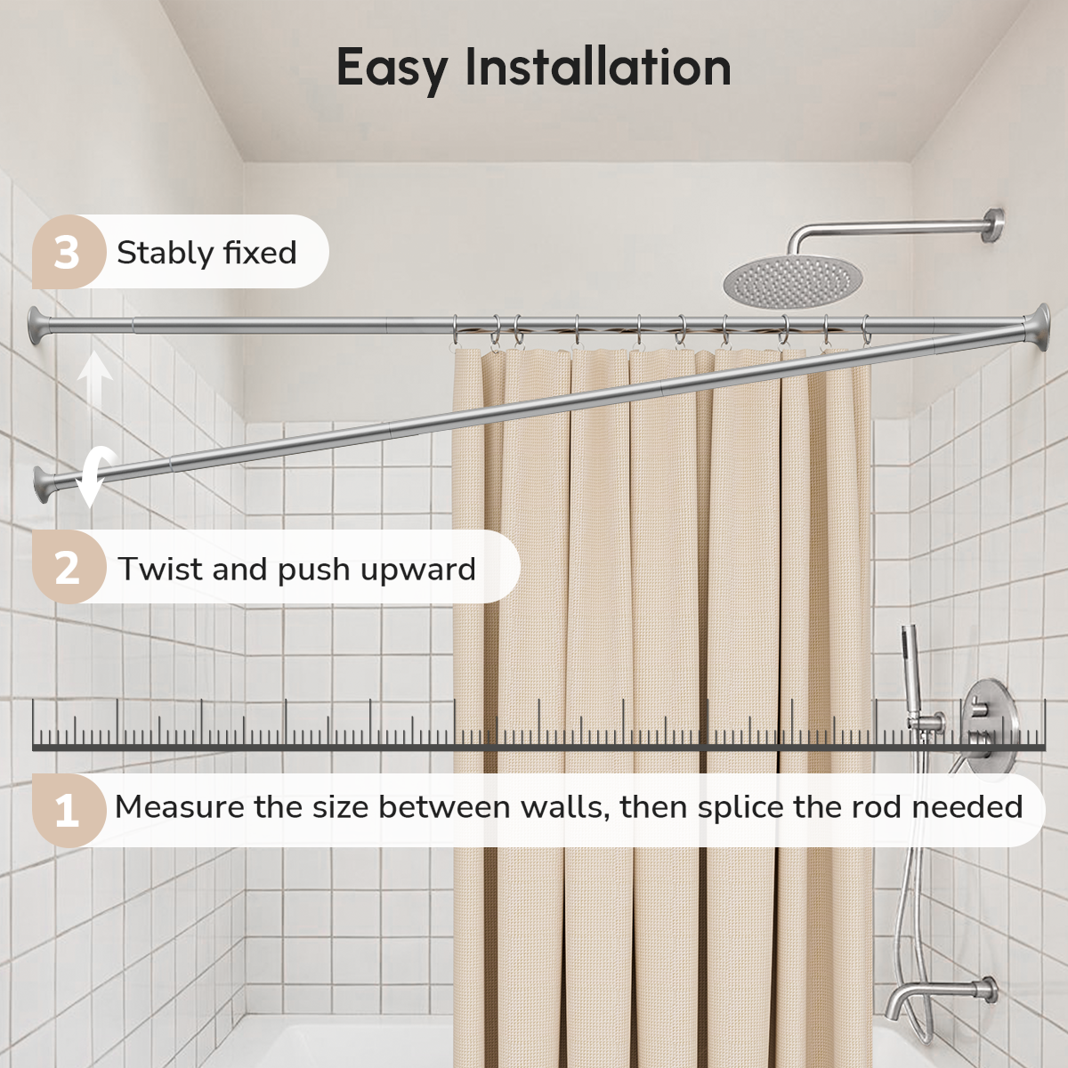 USHOWER Matuko Series – Brushed Nickel Curtain Rod Demonstrating Easy Twist-and-Lock Installation in Modern Bathroom