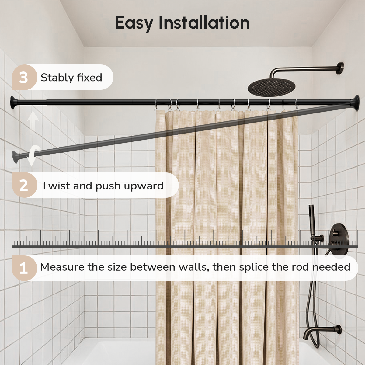 USHOWER Matuko Series – Matte Black Curtain Rod Demonstrating Easy Twist-and-Lock Installation in Modern Bathroom