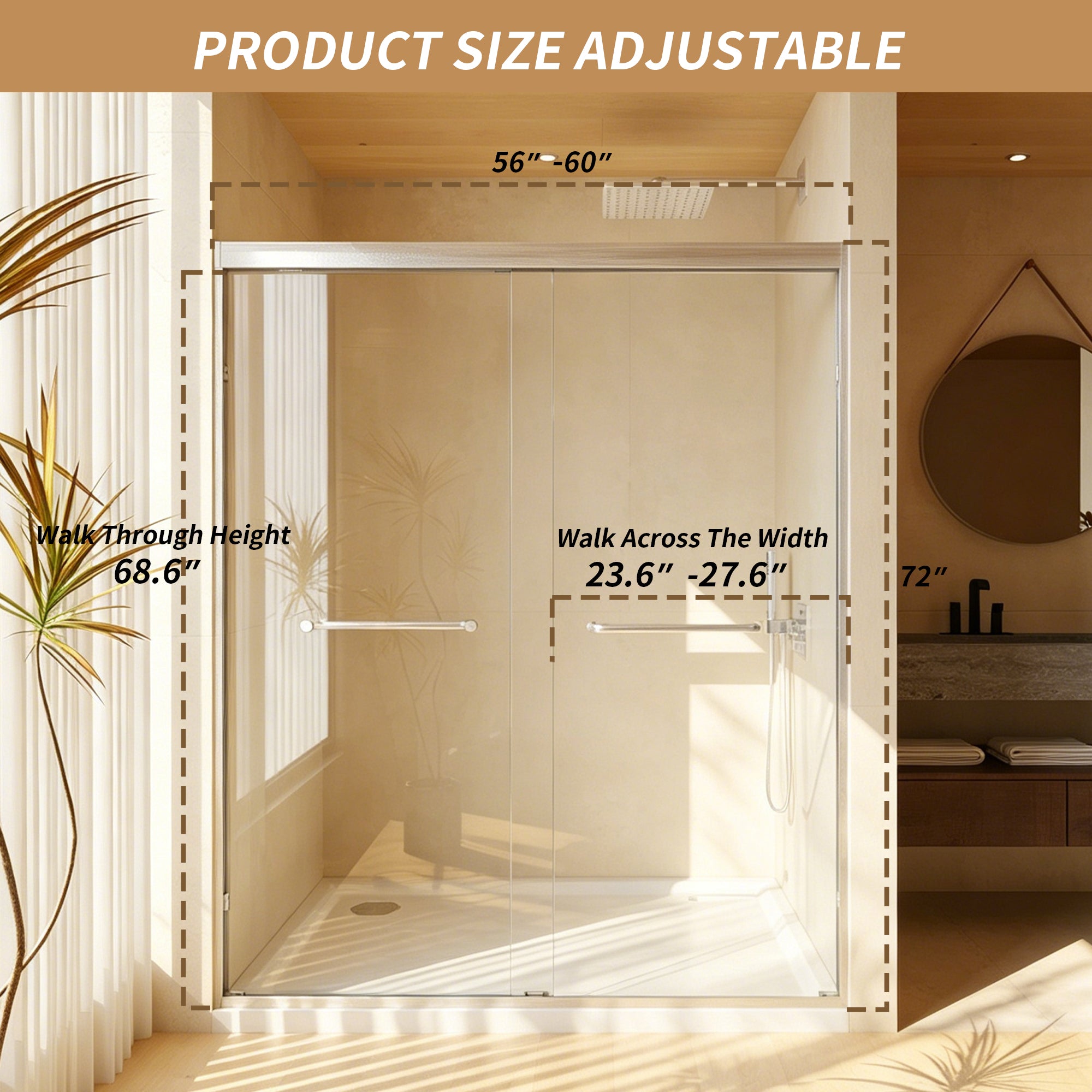 Modern 56-60" Double Sliding Shower Door with 6mm Tempered Glass, Aluminum Frame, Brushed Nickel Stainless Steel Handle & 72" Bathroom Shower Enclosure