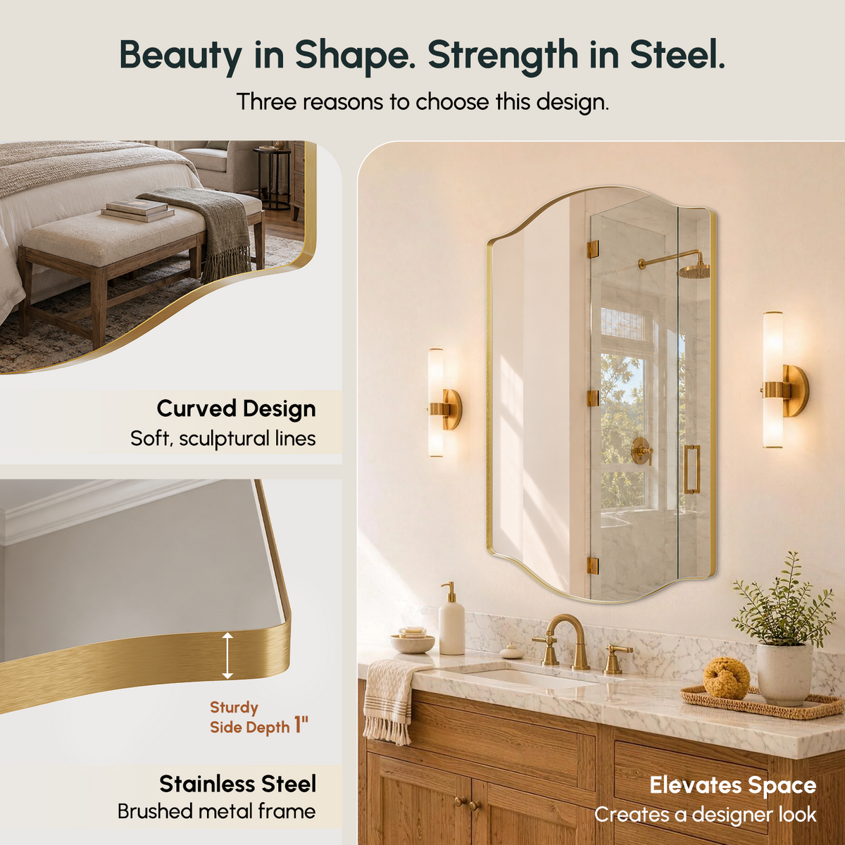 Stainless Steel Frame Gold Double Arch Bathroom Mirror – 24" x 36"