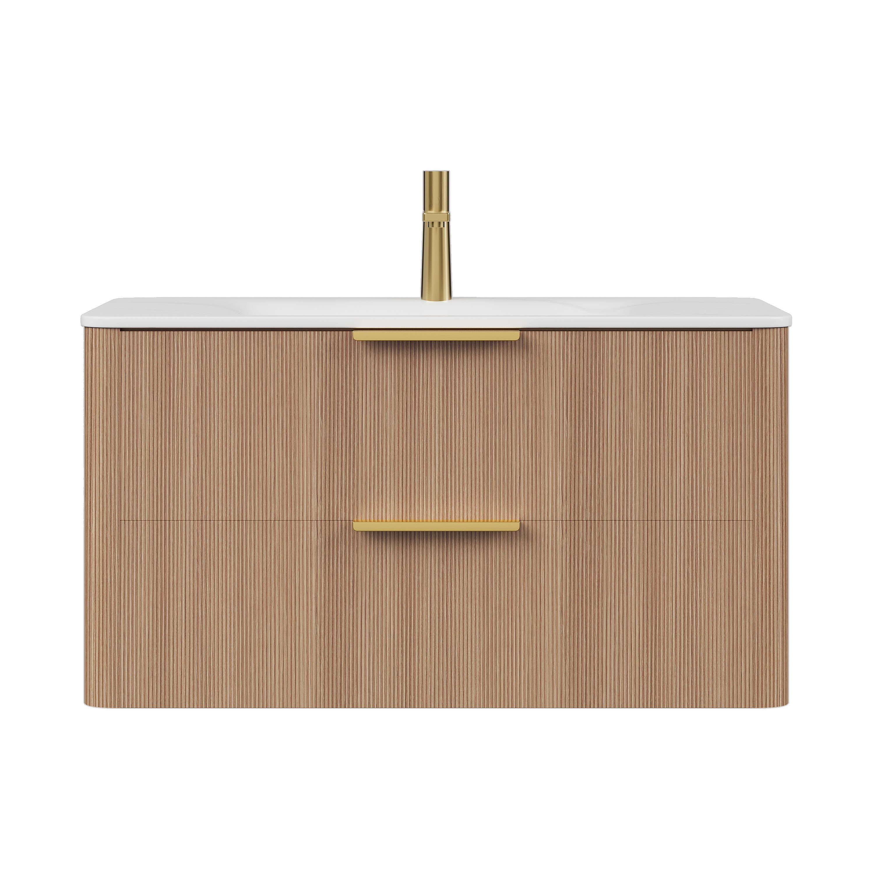ZANE 36" Bathroom Vanity with Sink, Floating Ultra-Pinstriped Plywood Storage Cabinet with Drawers, Carrara White Sintered Stone Hot-bent Integrated Basin, Pre-assembled, Light Natural Woodgrain Color