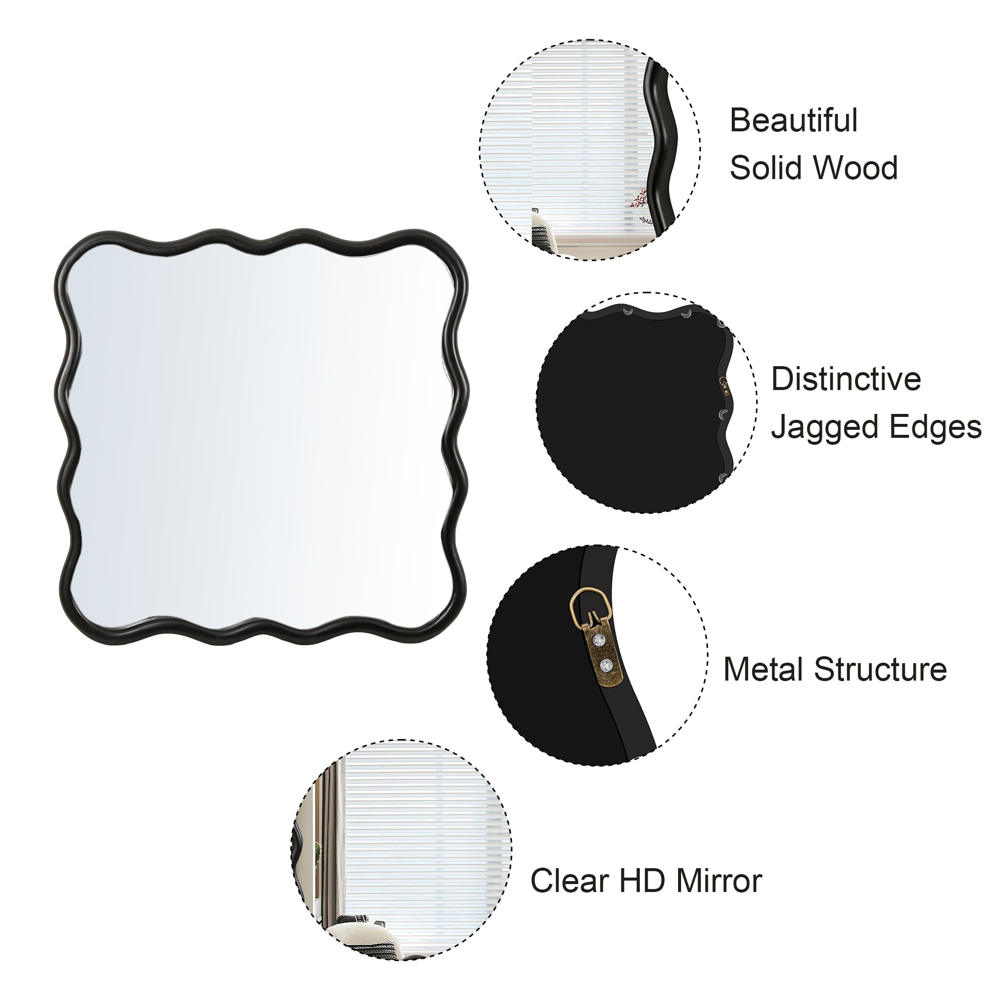 Wavy Square Black Wall Mirror, Solid Wood, 35.8'' x 35.8''