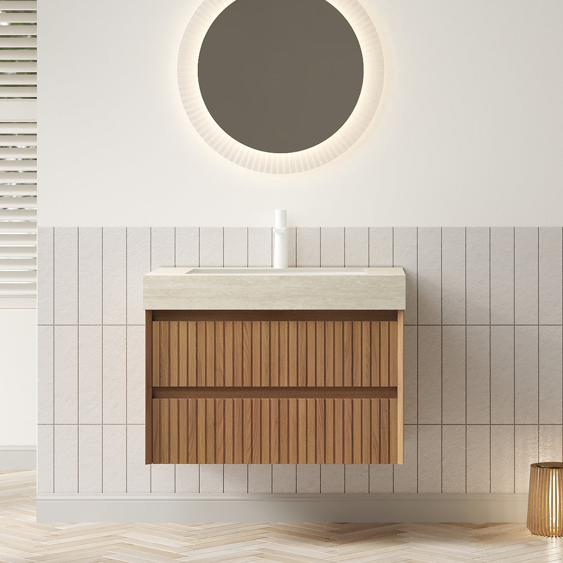 TILLEY 30" Bathroom Vanity&Sink, Floating Striped Plywood Storage Cabinet with 2 Drawers, Travertine-Pattern Sintered Stone Top with Ceramic Undermount Basin, Pre-assembled, Brown Oak Woodgrain Color