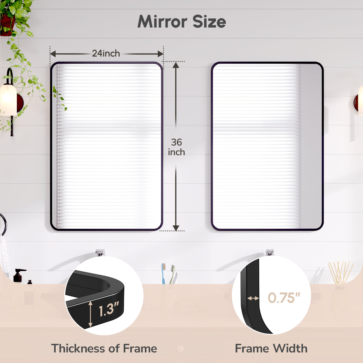USHOWER Nwar Series – 24x36 Inch Rectangular Black Frame Bathroom Mirror Dimensions with 1.3" Thickness and 0.75" Frame Width