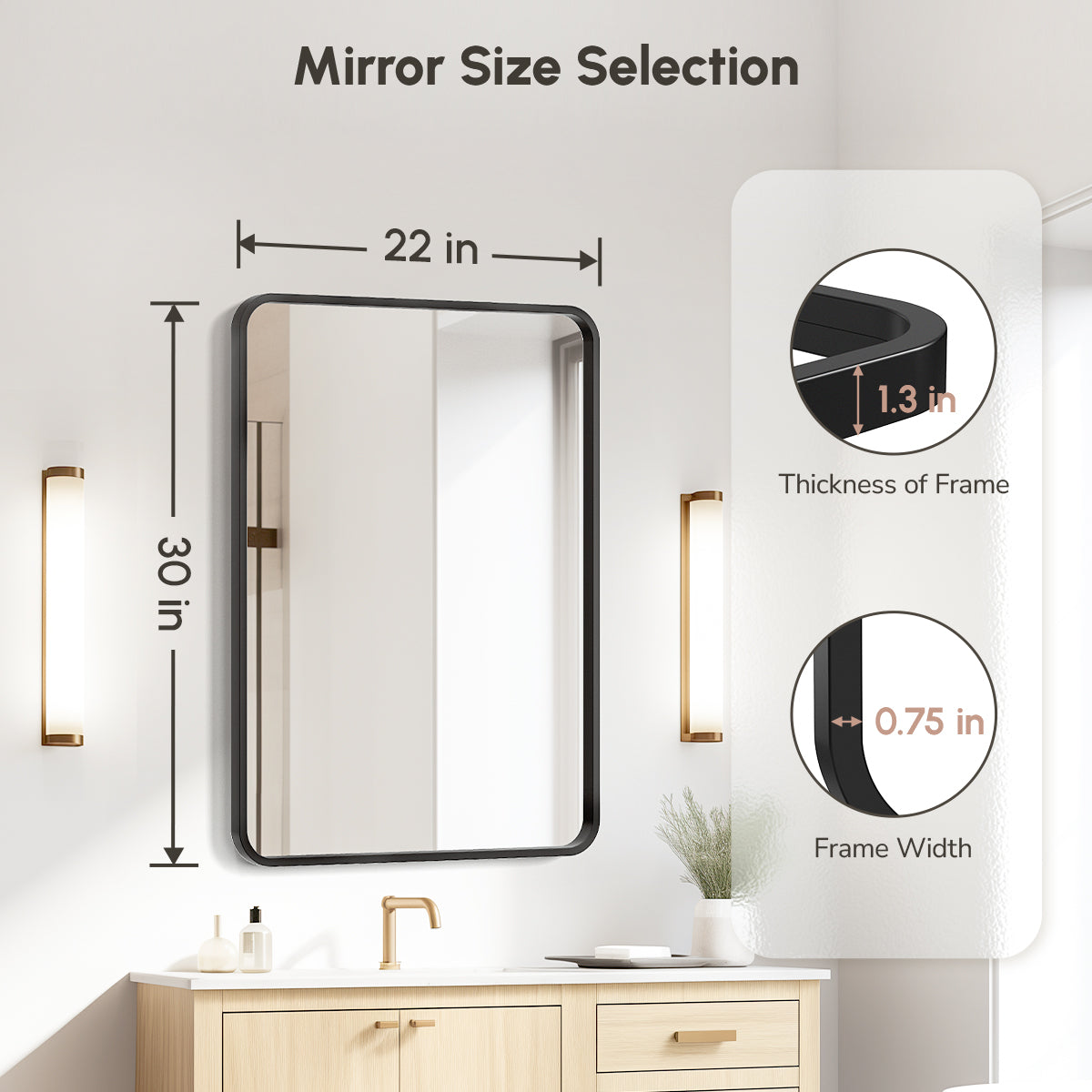USHOWER Nwar Series 22x30 Inch Black Frame Rectangular Bathroom Mirror with 1.3" Thick and 0.75" Wide Frame Dimensions