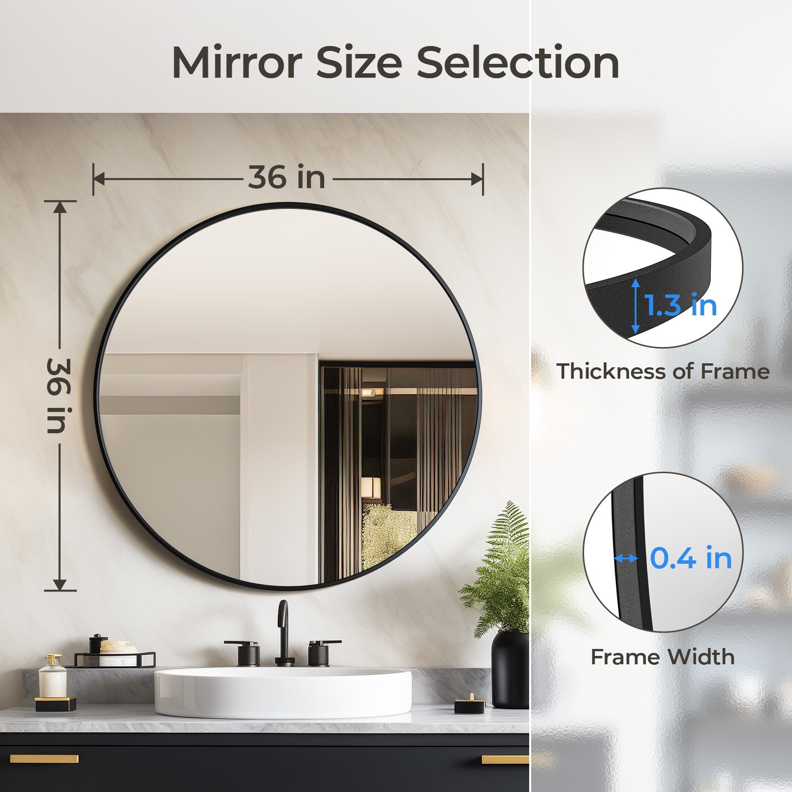 USHOWER Nwar Series – 36'' Black Round Bathroom Mirror