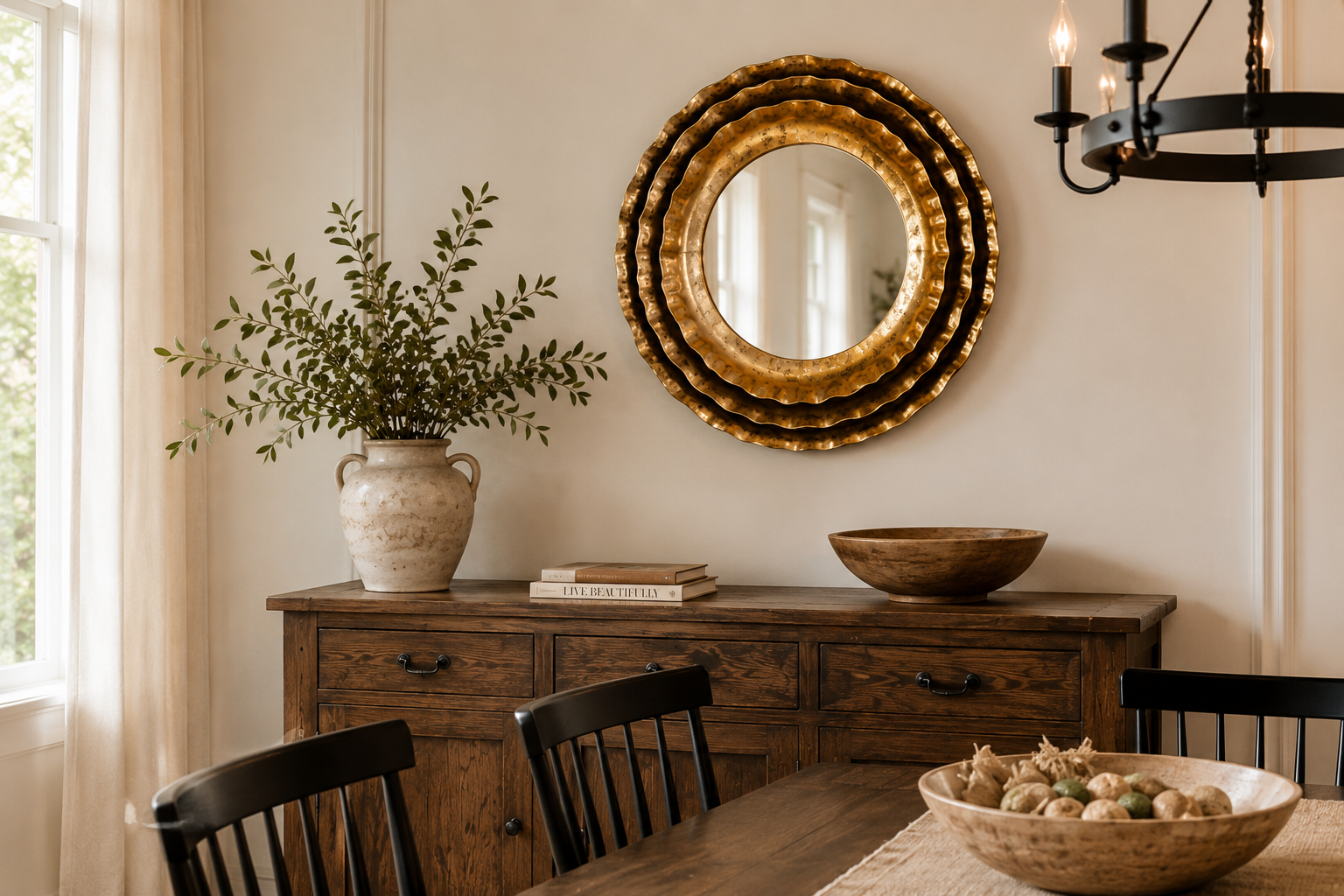 16 Inch Round Wall Mirror with Gold Metal Frame, Mid-Century Modern Flower Accent Mirror for Living Room, Entryway, Mantel & Office