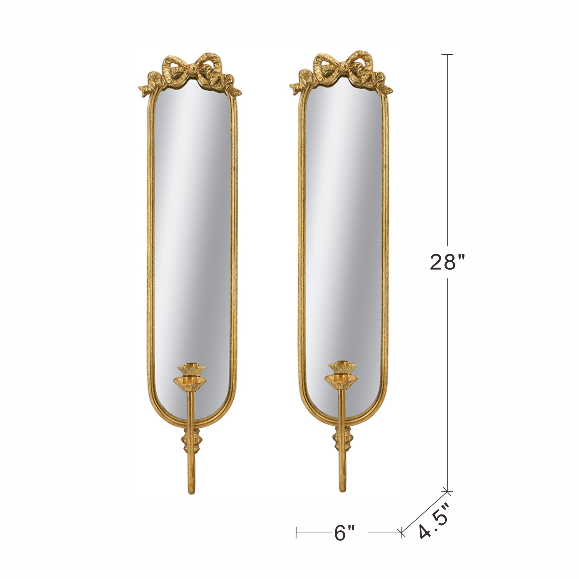 Gold Mirrored Candle Wall Sconces Set of 2 | 28" Iron Bow-Top Holders