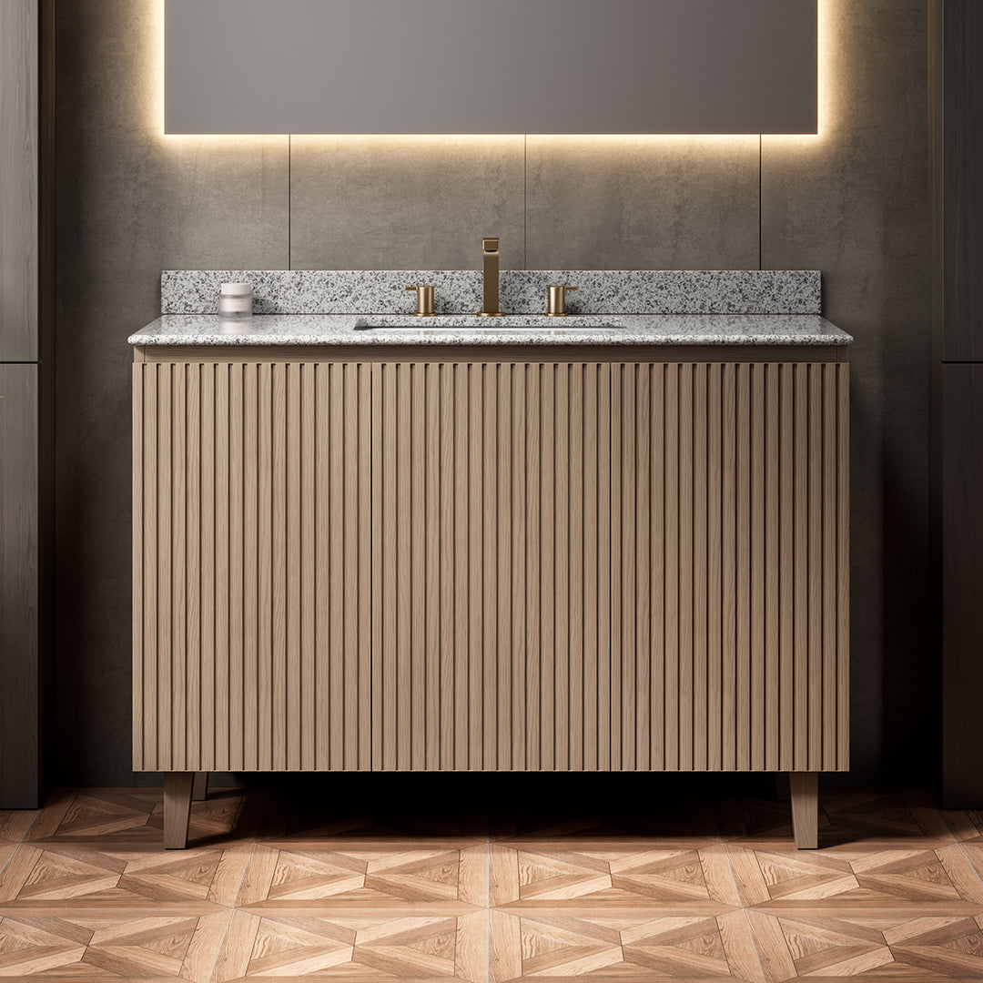 DOIN 48" Freestanding Bathroom Vanity with Natural Granite Countertop and Ceramic Basin, Heidelberg Woodgrain Cabinet, 8" Widespread 3-Hole Faucet Configuration, Disassembled