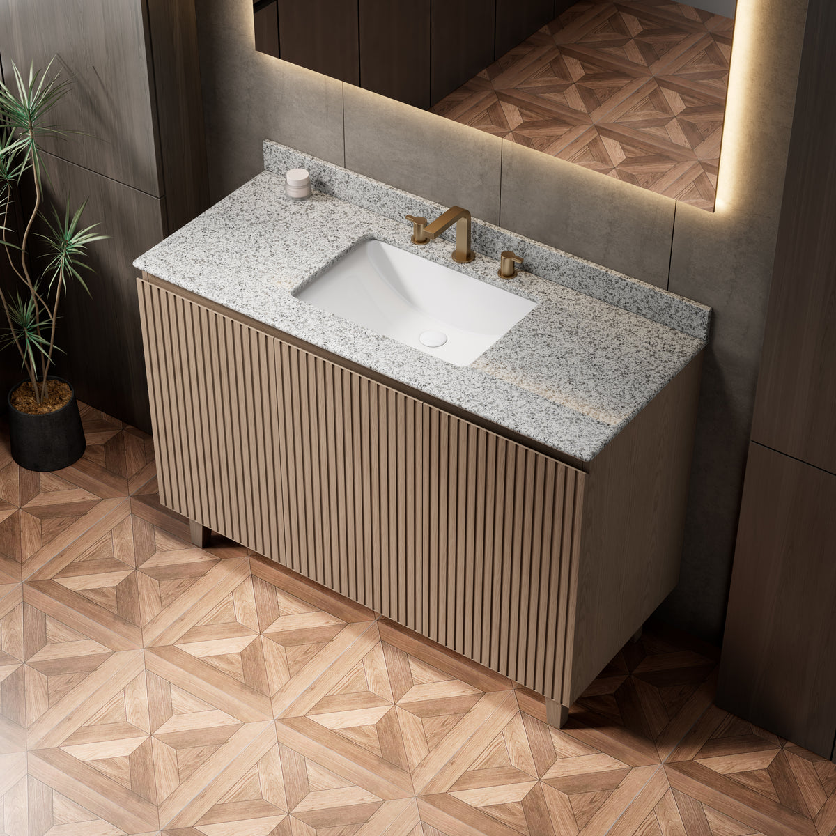 DOIN 48" Freestanding Bathroom Vanity with Natural Granite Countertop and Ceramic Basin, Heidelberg Woodgrain Cabinet, 8" Widespread 3-Hole Faucet Configuration, Disassembled