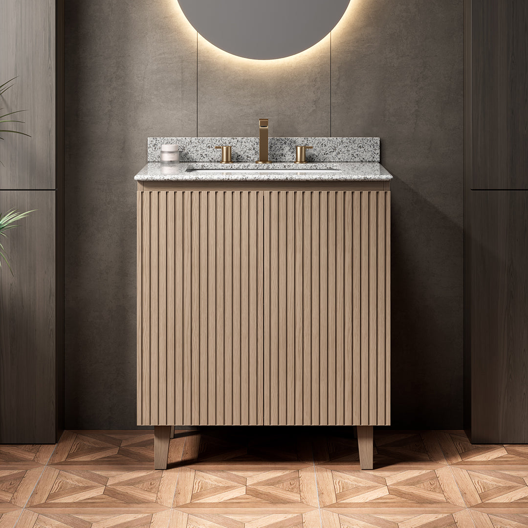 DOIN 30" Freestanding Bathroom Vanity with Natural Granite Countertop and Ceramic Basin, Heidelberg Woodgrain Cabinet, 8" Widespread 3-Hole Faucet Configuration, Disassembled
