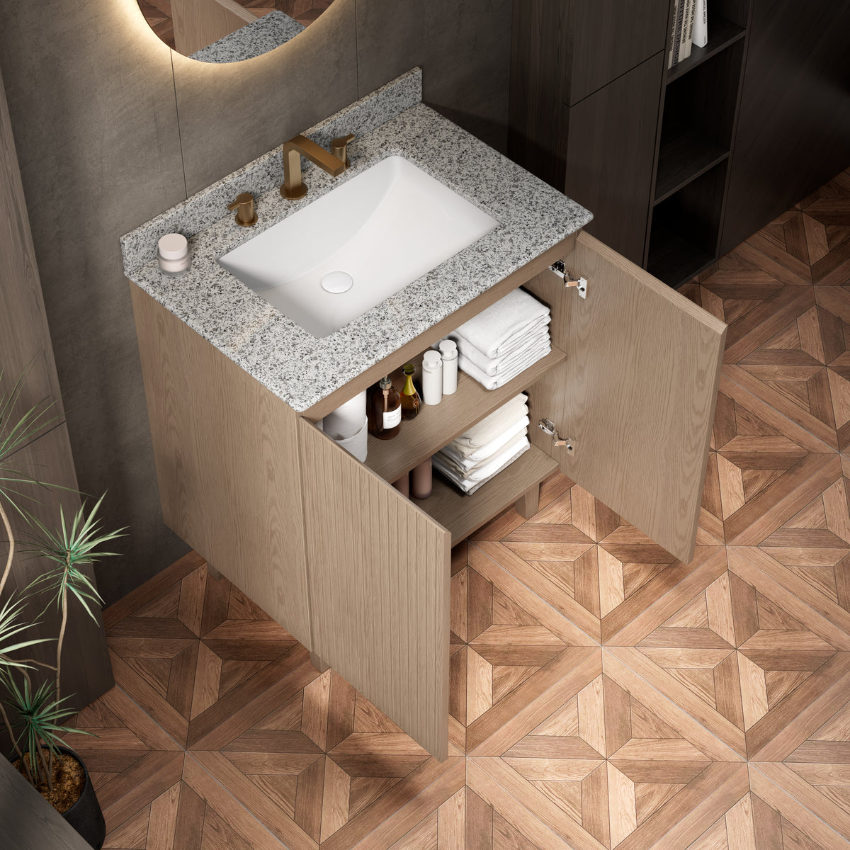 DOIN 30" Freestanding Bathroom Vanity with Natural Granite Countertop and Ceramic Basin, Heidelberg Woodgrain Cabinet, 8" Widespread 3-Hole Faucet Configuration, Disassembled