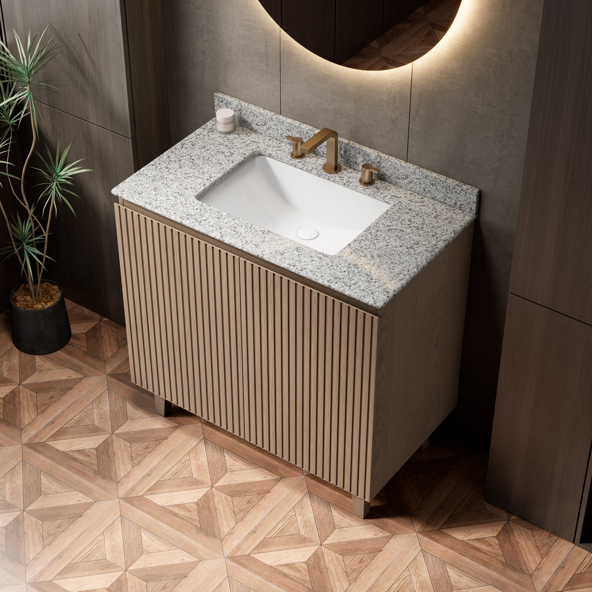 DOIN 36" Freestanding Bathroom Vanity with Natural Granite Countertop and Ceramic Basin, Heidelberg Woodgrain Cabinet, 8" Widespread 3-Hole Faucet Configuration, Disassembled