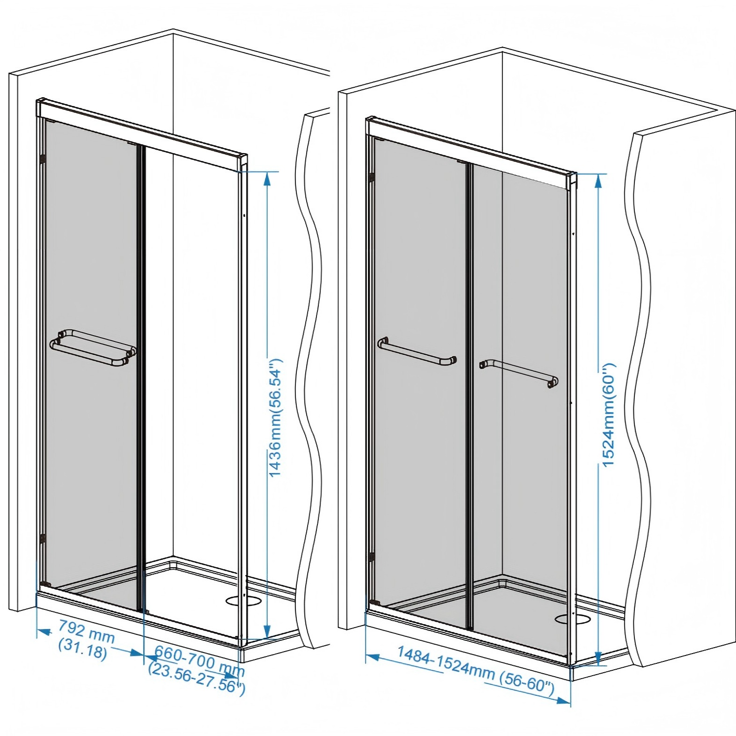 56-60" W x 60" H Double Sliding Shower Door with 6mm Tempered Glass, Safety Film, Matte Black Aluminum Frame & Stainless Steel Handle