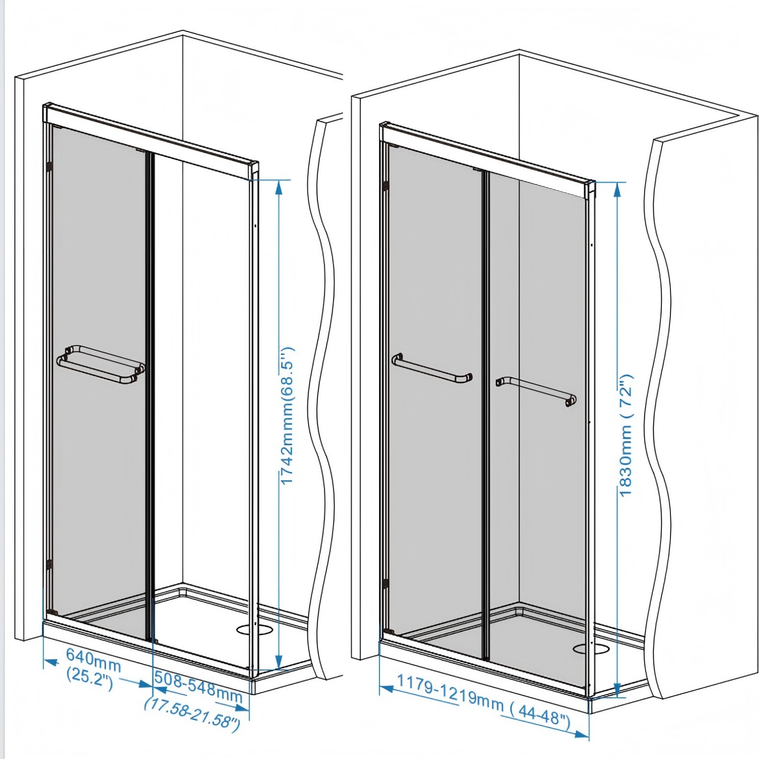 44-48" W x 72" H Double Sliding Shower Door with 6mm Tempered Glass, Safety Film, Aluminum Frame & Matte Black Stainless Steel Handle
