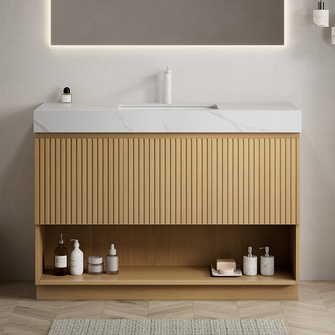 FINO 48" Freestanding Bathroom Vanity with Carrara White Sintered Stone Countertop and Ceramic Basin, Corolla Oak Woodgrain Cabinet, 1 Pre-Drilled Faucet Hole, Disassembled(副本)