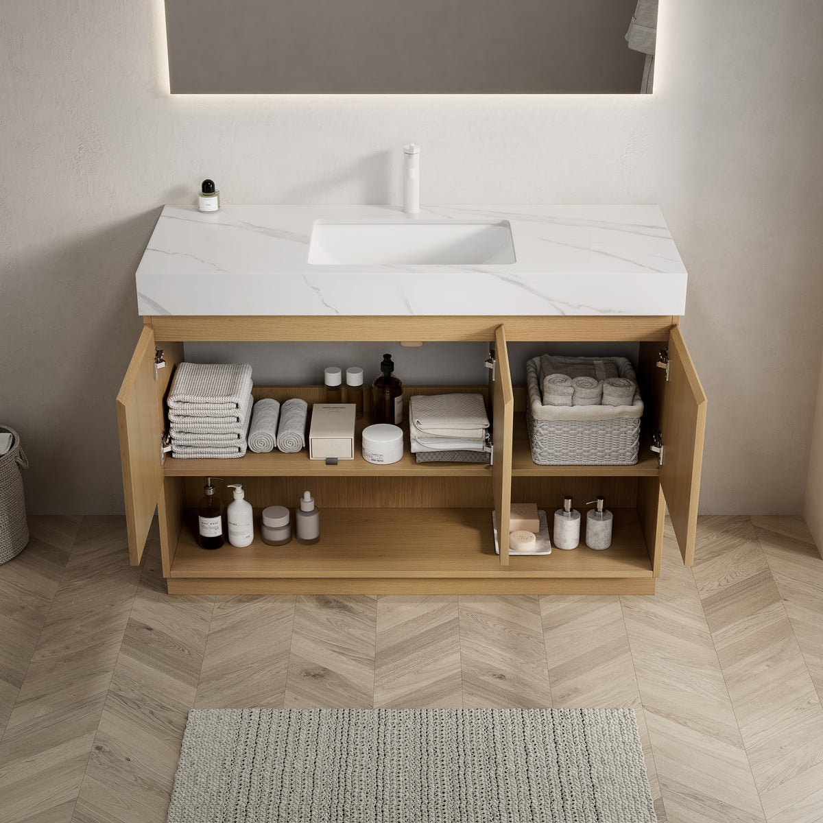 FINO 48" Freestanding Bathroom Vanity with Carrara White Sintered Stone Countertop and Ceramic Basin, Corolla Oak Woodgrain Cabinet, 1 Pre-Drilled Faucet Hole, Disassembled(副本)