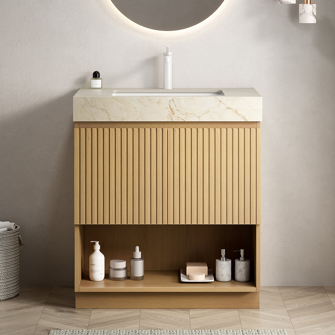 FINO 30" Freestanding Bathroom Vanity with Cream Gold Vein Sintered Stone Countertop and Ceramic Basin, Corolla Oak Woodgrain Cabinet, 1 Pre-Drilled Faucet Hole, Disassembled