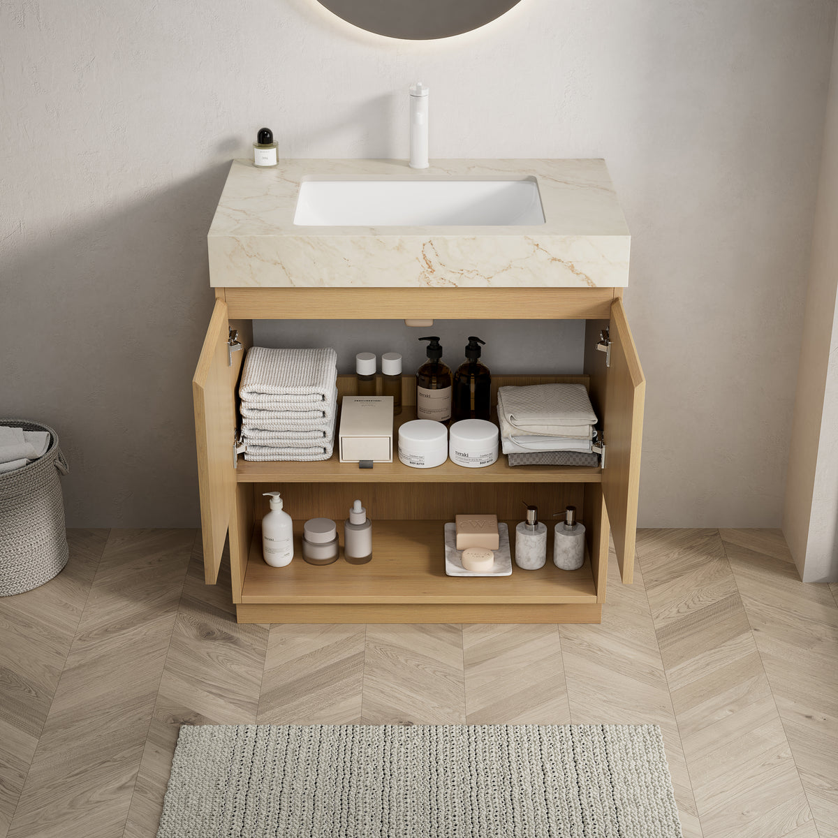 FINO 30" Freestanding Bathroom Vanity with Cream Gold Vein Sintered Stone Countertop and Ceramic Basin, Corolla Oak Woodgrain Cabinet, 1 Pre-Drilled Faucet Hole, Disassembled