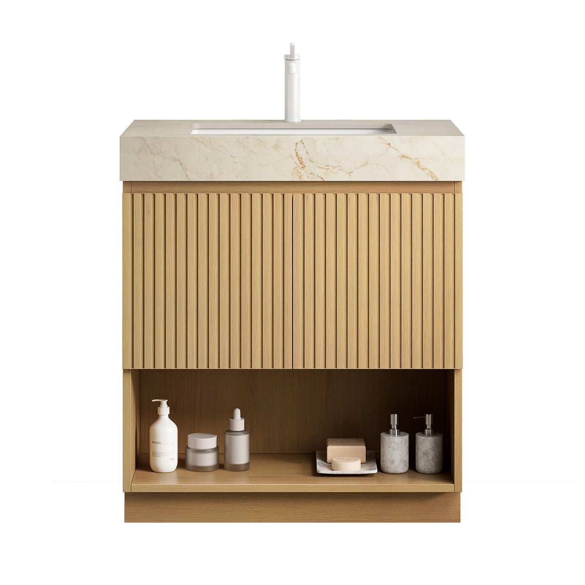 FINO 30" Freestanding Bathroom Vanity with Cream Gold Vein Sintered Stone Countertop and Ceramic Basin, Corolla Oak Woodgrain Cabinet, 1 Pre-Drilled Faucet Hole, Disassembled