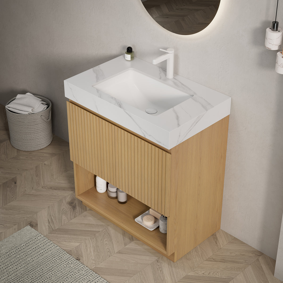 FINO 30" Freestanding Bathroom Vanity with Carrara White Sintered Stone Countertop and Ceramic Basin, Corolla Oak Woodgrain Cabinet, 1 Pre-Drilled Faucet Hole, Disassembled